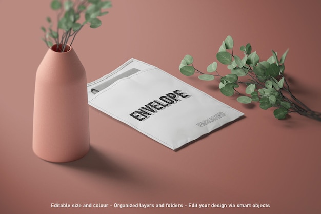 PSD design mockup di imballaggio busta chiusa in carta bianca con vista isometrica