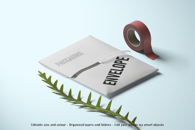 Isometric view blank paper closed envelope packaging mockup scene