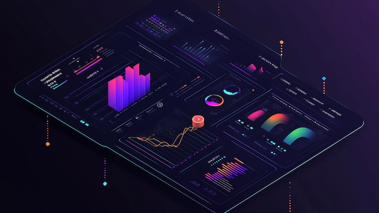 PSD isometric view of a digital dashboard displaying various charts and graphs