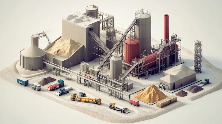 PSD isometric view of an industrial factory complex with raw materials and transportation