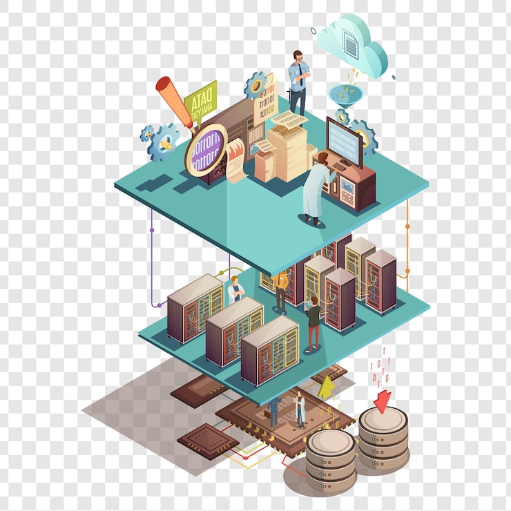 PSD isometric view of a modern data center and cloud computing isolated on transparent background