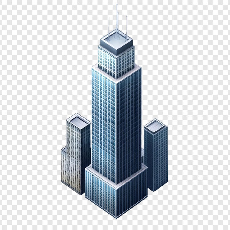 PSD isometric view of a modern skyscraper and smaller buildings city architecture tall building urban scene