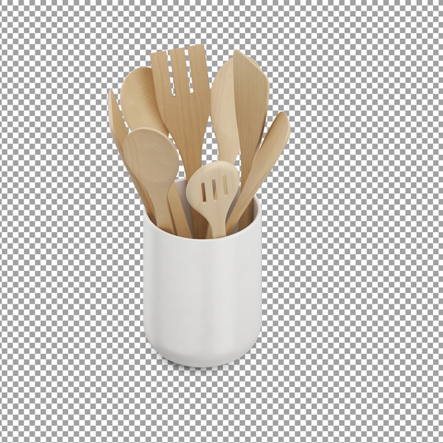 Isometric wooden kitchen spoons in cup