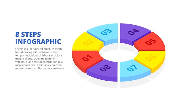 Isometrisch infographic diagram verdeeld in 8 delen, stappenopties of processen