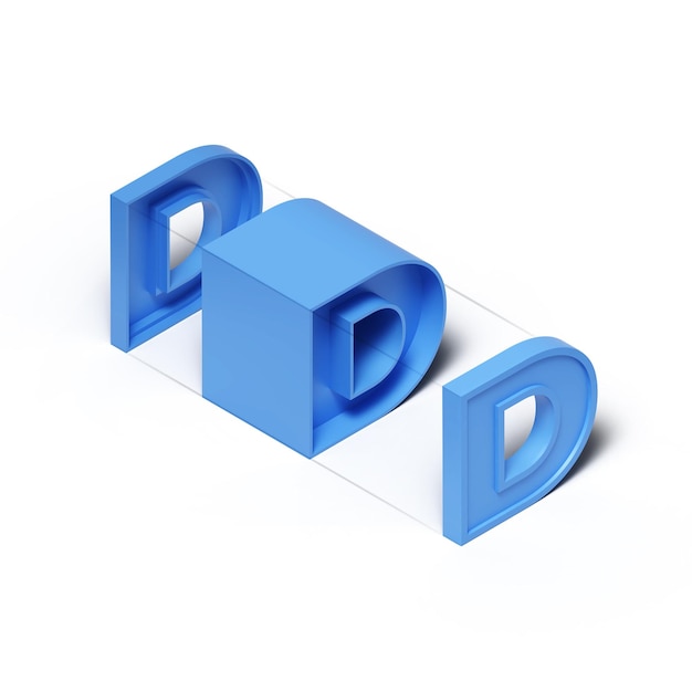 PSD isometrische 3d-rendering blauwe plastic kubus alfabet letter d geïsoleerd op transparante achtergrond