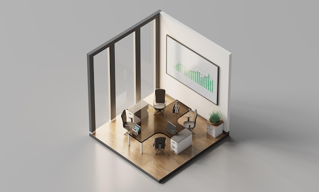 Isometrische 3D-rendering van kantoorinterieurs