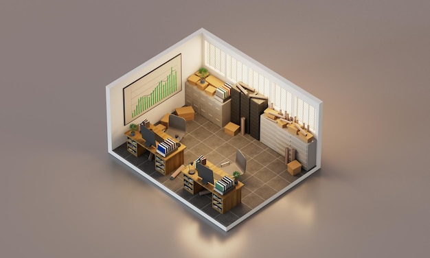 Isometrische 3D-rendering van oud kantoorinterieur