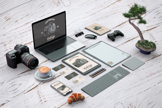 Isometrische briefpapier mockup met fotografie concept