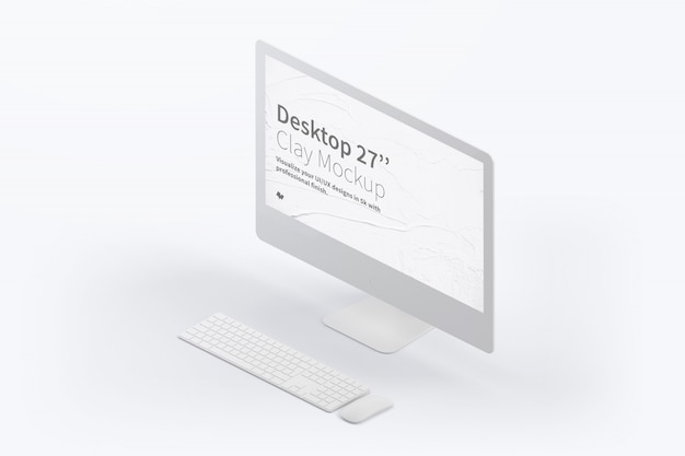 PSD isometrische desktopcomputer mockup met toetsenbord en muis