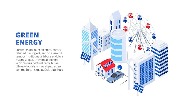 PSD isometrische groene technologie ontwerpconcept met zonnepanelen windgeneratoren en electro auto