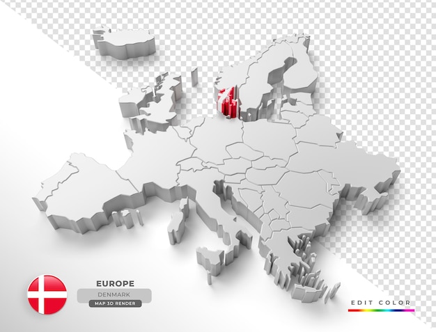 Isometrische kaart van denemarken europa met vlag in 3d render