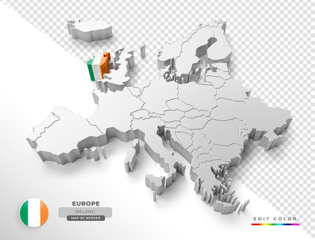 Isometrische kaart van ierland europa met vlag in 3d render