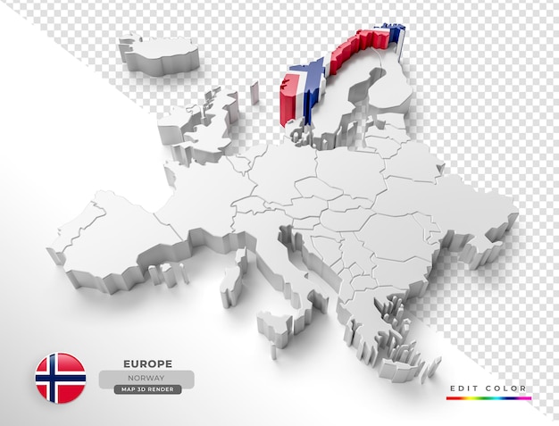 PSD isometrische kaart van noorwegen europa met vlag in 3d render