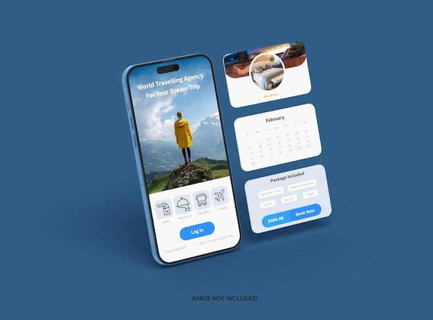 Isometrisk Mockup-design av mobilapps skärmar med separata popupfönster ui ux app-koncept 3D-rendera, Phone 14 Pro