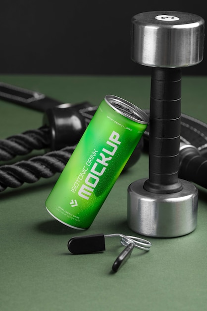 PSD isotonic drink with dumbbell mockup