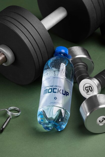 PSD isotonic drink with dumbbell mockup