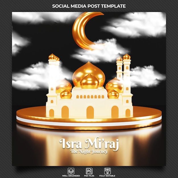 Isra miraj islamico il modello di banner in stile 3d del viaggio notturno