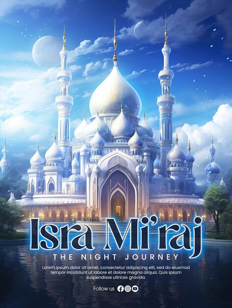 PSD isra miraj poster template with magical mosque and surreal art image with a magnificent summer sky