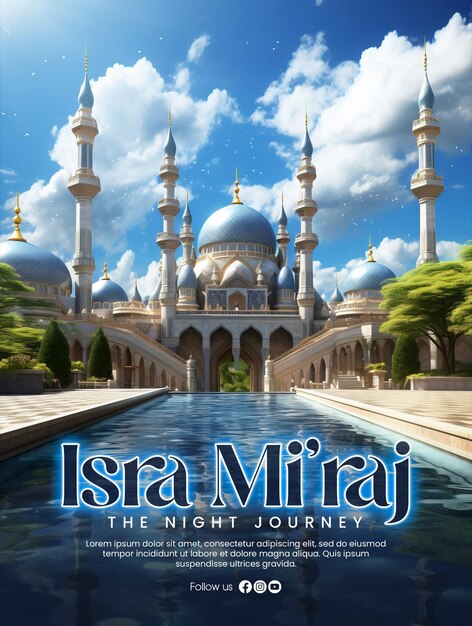 PSD isra miraj poster template with magical mosque and surreal art image with a magnificent summer sky