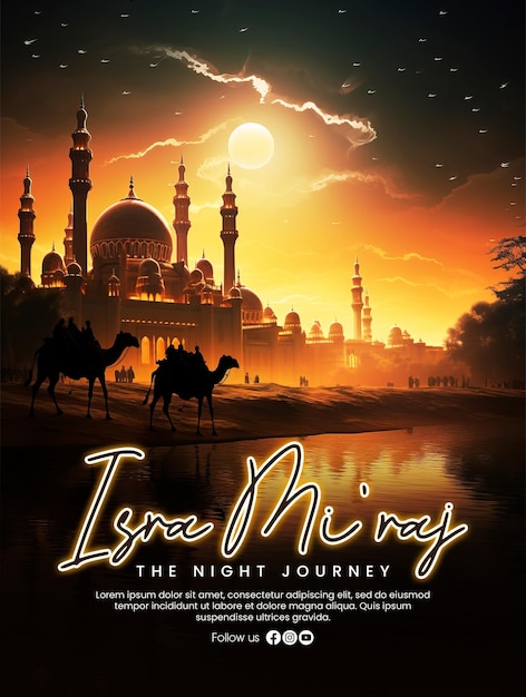 PSD Шаблон плаката miraj isra с ночным сканированием в стиле фантазии мечети и верблюдов