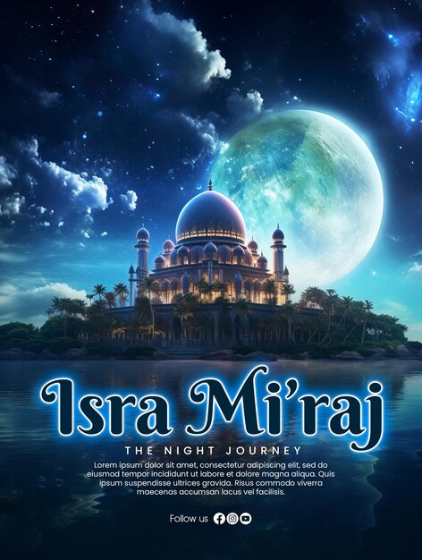 PSD modello di poster isra miraj con una moschea mistica che emette luce verso il cielo sullo sfondo