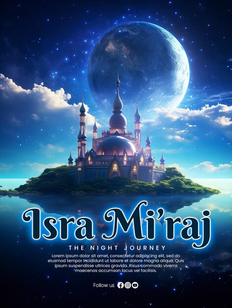 PSD isra miraj poster template with a mystical mosque emits light towards the sky against the background