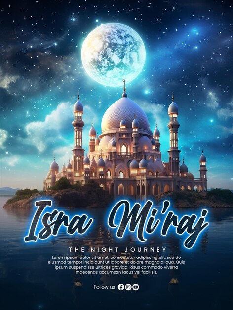 PSD isra miraj poster template with a mystical mosque emits light towards the sky against the background