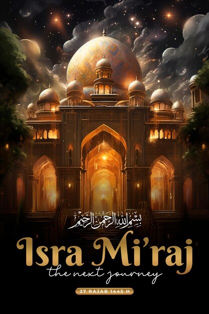 PSD il modello del poster di isra miraj con i pilastri della moschea è bellissimo, le caratteristiche sono morbide.