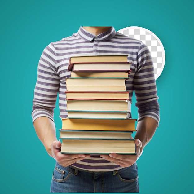 PSD È una pila di libri nelle mani di un uomo isolato su uno sfondo bianco il concetto di educazione