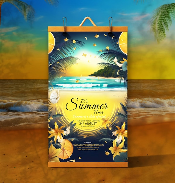 PSD it's summer time beach party poster design concept of tropical sun kissed summers