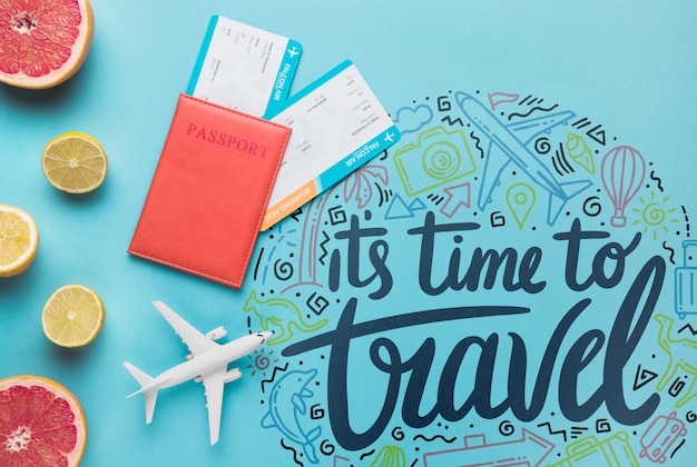 PSD it's time to travel, motivational lettering quote for holidays traveling concept