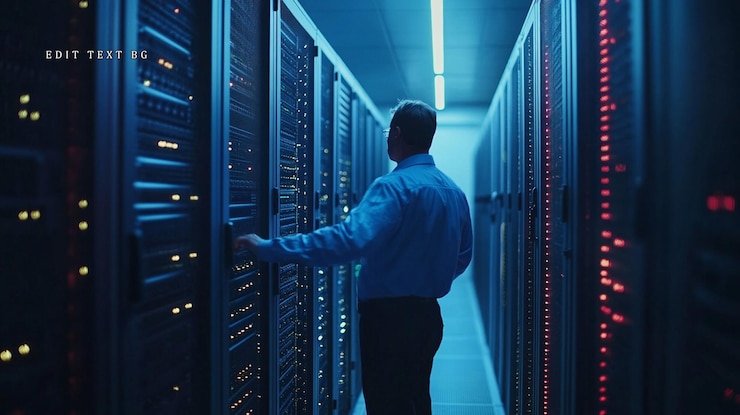PSD it-specialist inspecteert serverracks in een modern datacentrum