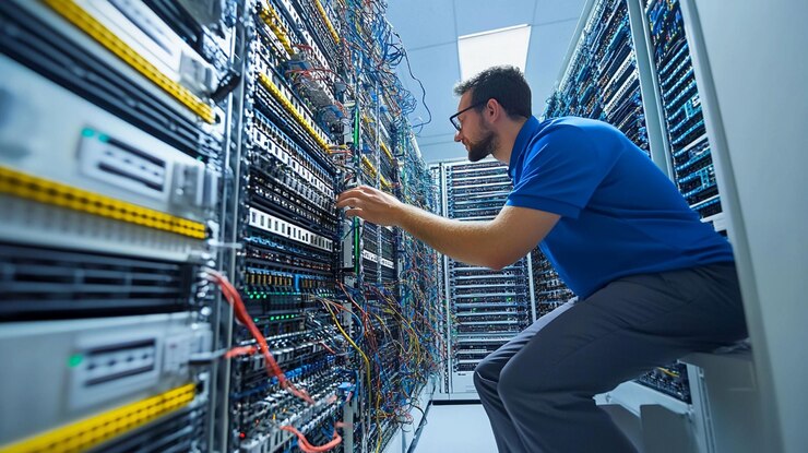 PSD it technician working on server rack in data center