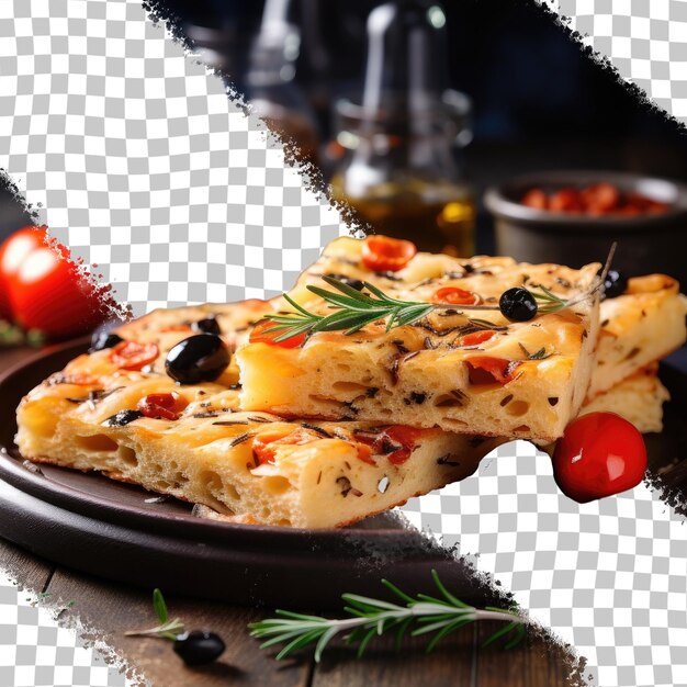 Italiaanse zelfgemaakte platte broodfocaccia met tomaten, zwarte olijven en rozemarijn transparante achtergrond