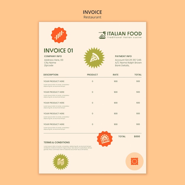 PSD italian food restaurant invoice template