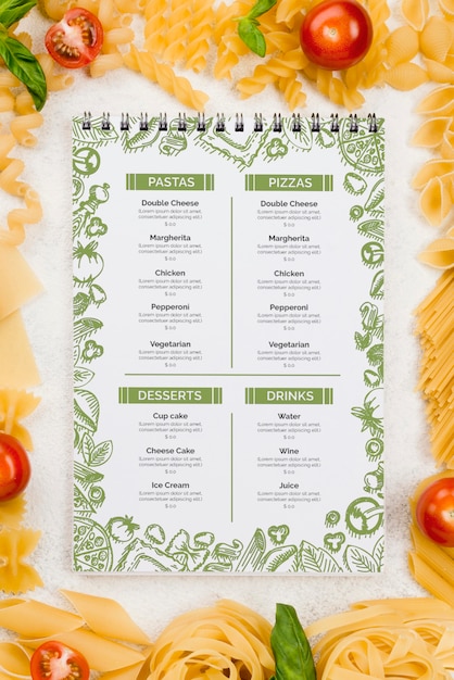 Italian menu and pasta flat lay