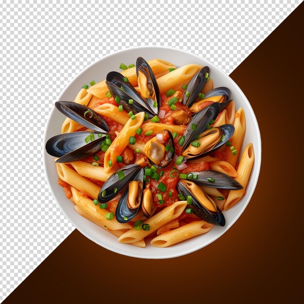 이탈리아의 파스타 페네 마리나라 (pasta Penne Marinara) 는 색 배경에 고립된 조개를 가지고 있습니다.