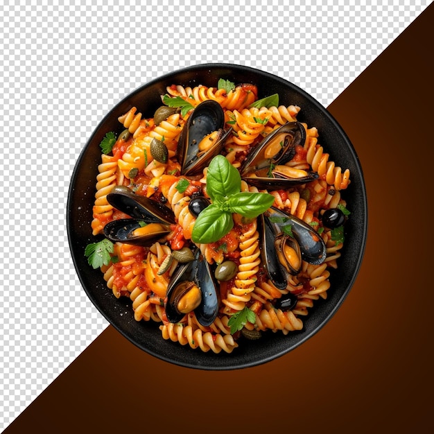 이탈리아의 파스타 페네 마리나라 (pasta Penne Marinara) 는 색 배경에 고립된 조개를 가지고 있습니다.