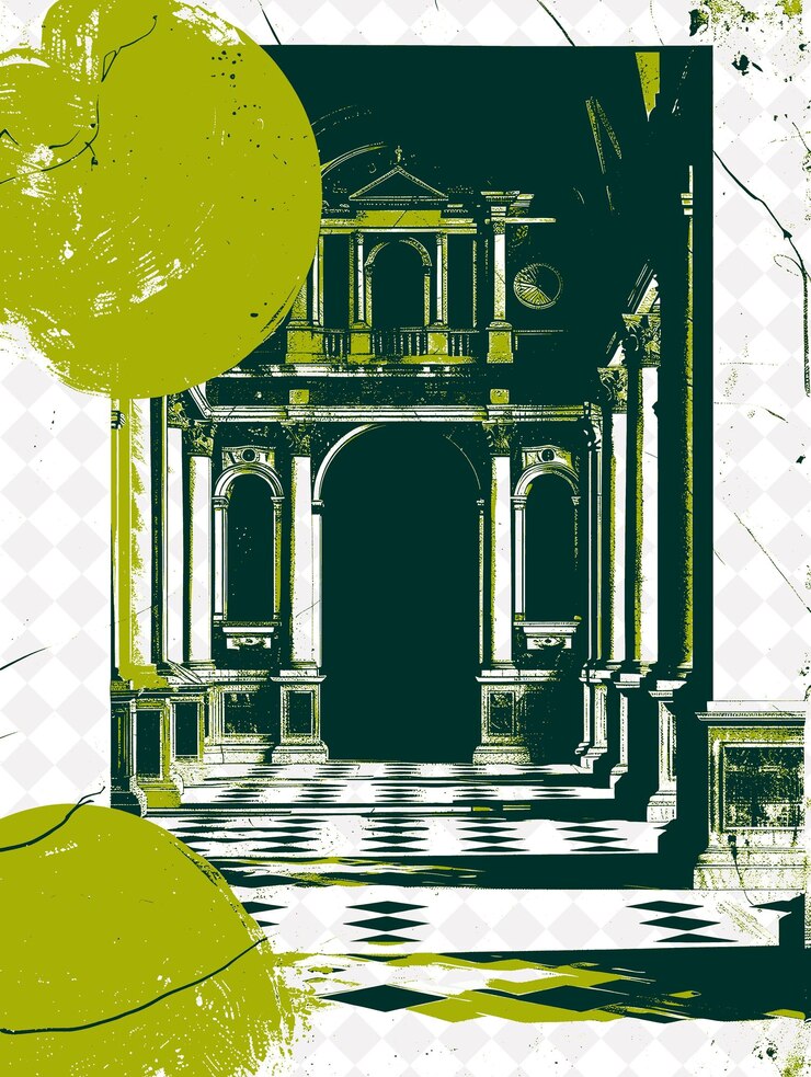 PSD the italian renaissance scene with a palace and a fresco and italy culture illustration design