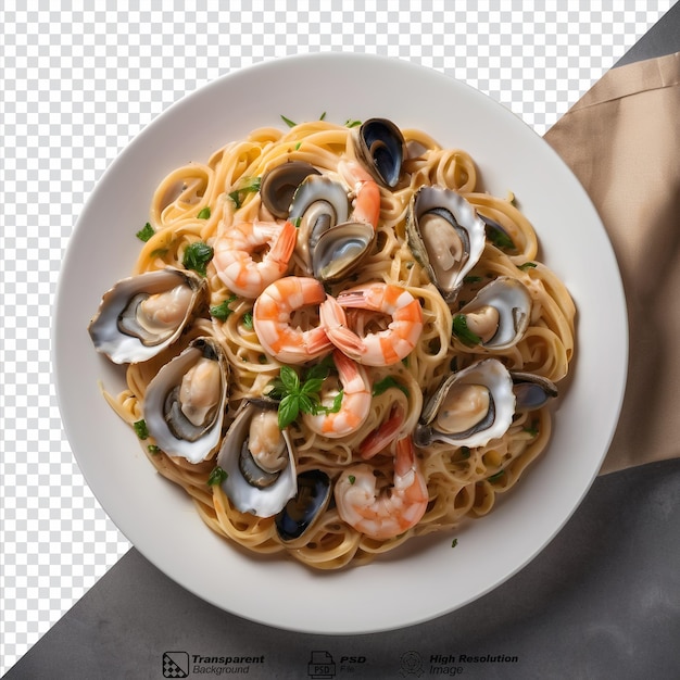 Menu di un ristorante italiano pasta gustosa con ostriche e gamberetti gourmet isolato