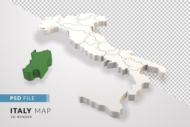 PSD mappa dell'italia un rendering 3d isolato con le regioni italiane della sardegna