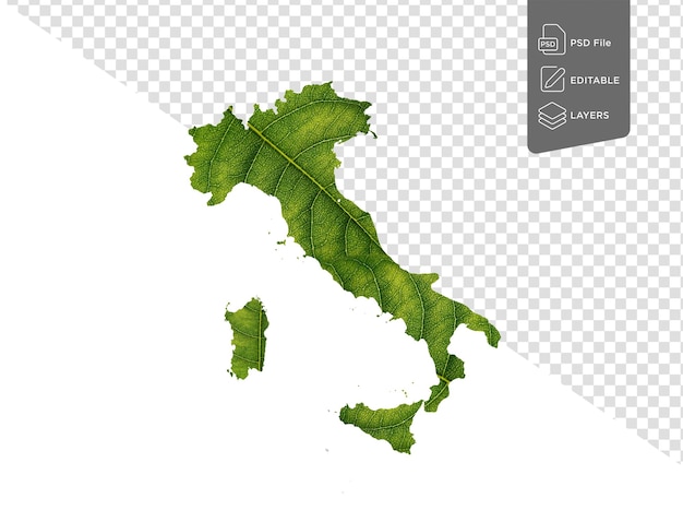 PSD mappa dell'italia fatta di foglie verdi su sfondo bianco ecologia concetto illustrazione 3d