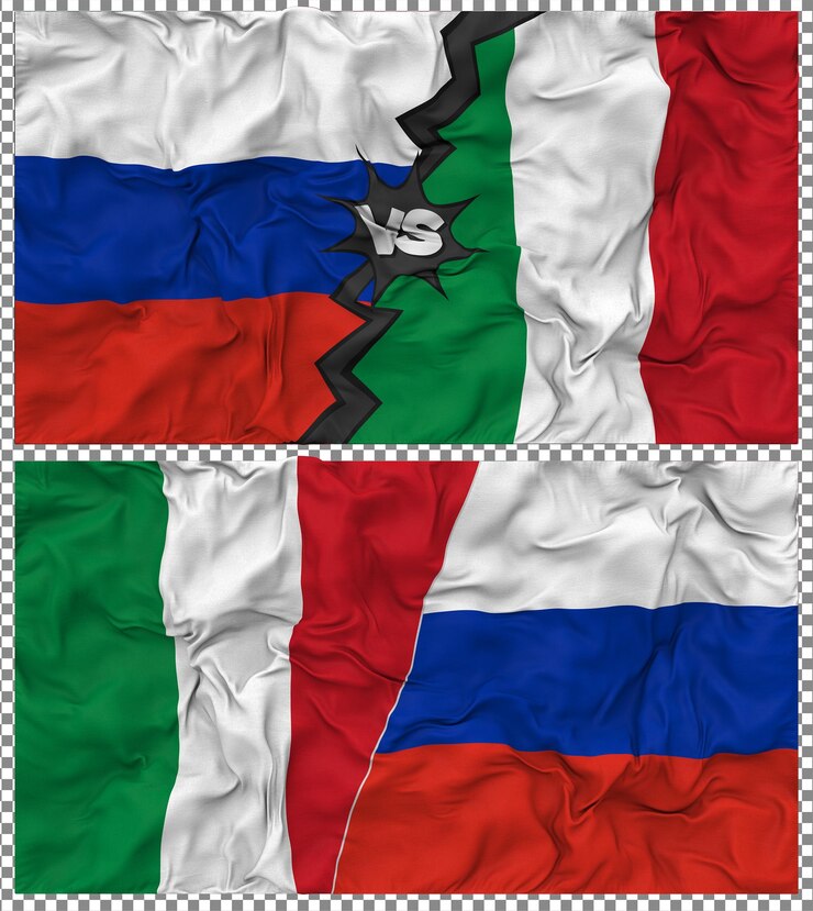 PSD italy vs russia half combined flag cloth bump texture 3d rendering