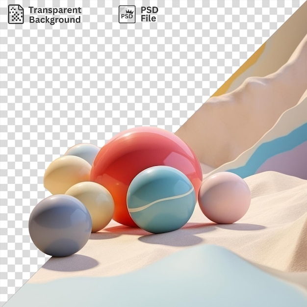PSD Предмет дня красочный ассортимент шаров и яиц, расположенных на поверхности с белым яйцом на переднем плане и темной тенью на заднем плане
