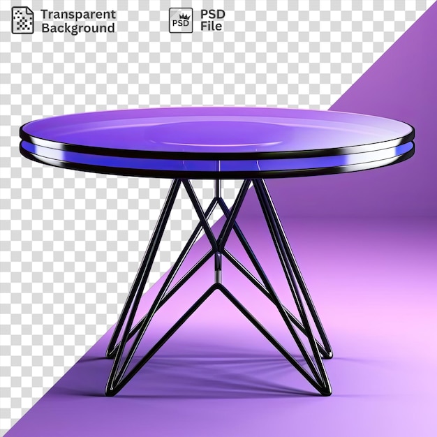 PSD item on a round table with metal and black legs against a purple wall casting a dark shadow