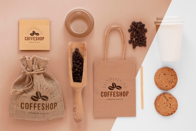 PSD items arrangement coffee branding flat lay