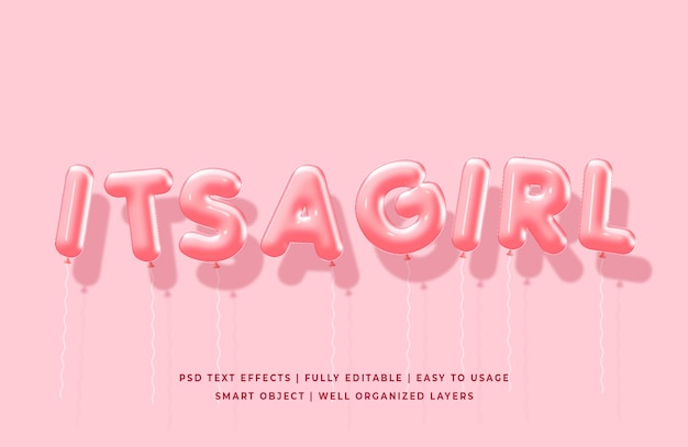 PSD its a girl 3d balloons text style effect mockup