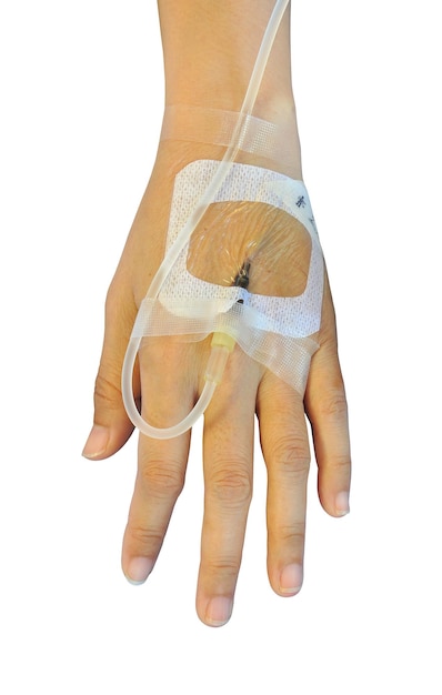 iv solution in a patients hand isolated premium psd