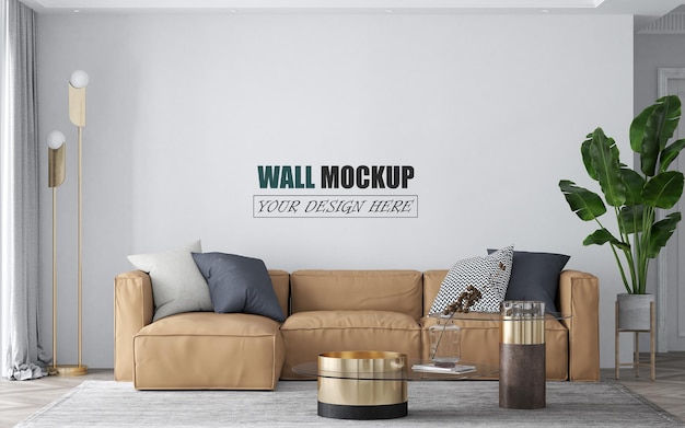 Iving room with light brown sofa wall mockup