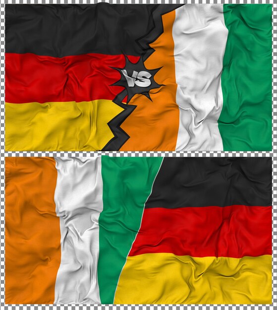 Ivoorkust versus Duitsland Halve gecombineerde vlag Stof Bump Texture 3D Rendering